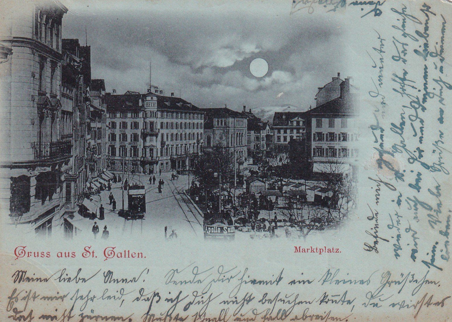 Ansichtskarten: Gruss aus St. Gallen Marktplatz   1898 – Gebraucht aus Cormoret von Pascalll2001