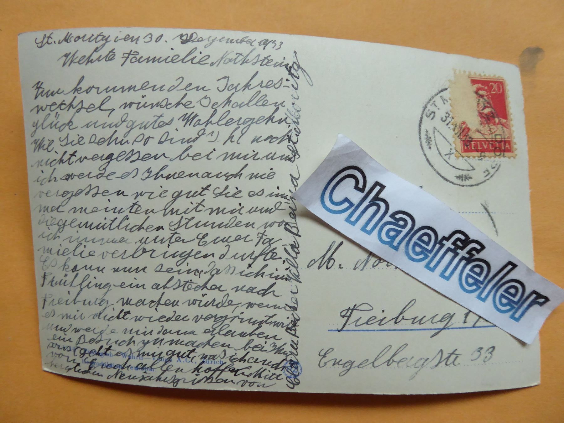 Cartoline postali: 1933 St. Moritz - Dorf mit Piz Languard. – Usato da Zürich venduto da Chaeffeler 1