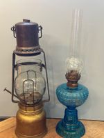 2 antike Petroleum-/Öllampen – Glas & Metall
