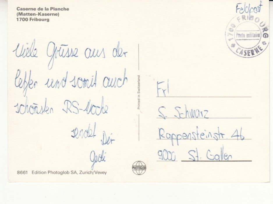 Cartoline postali: Fribourg Kaserne ca. 1970 – Usato da Bürglen TG venduto da StampGraf 1