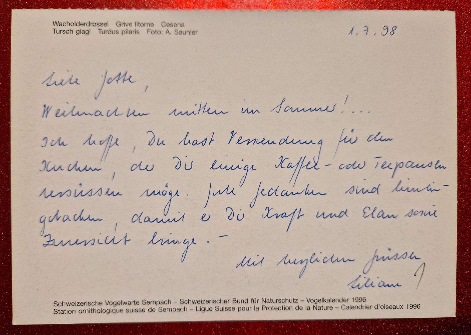 Cartoline postali: Wacholderdrossel 1996 – Usato da Melchnau venduto da Arthurius 1
