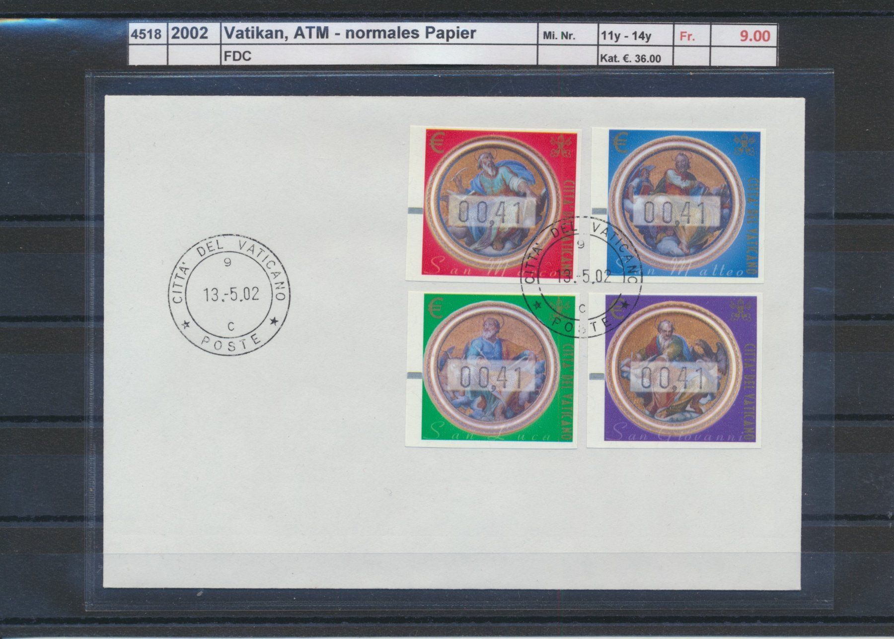 Tutti i francobolli: 2002 Vatikan, "ATM - normales Papier", FDC – Usato da Winterthur venduto da Zupogeru