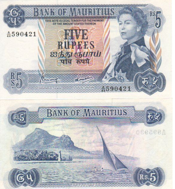 Banconote: Elizabeth Mauritius 5 Rupees 1967 unz – Nuovo e nell'imballaggio originale da Gelterkinden venduto da Cakir