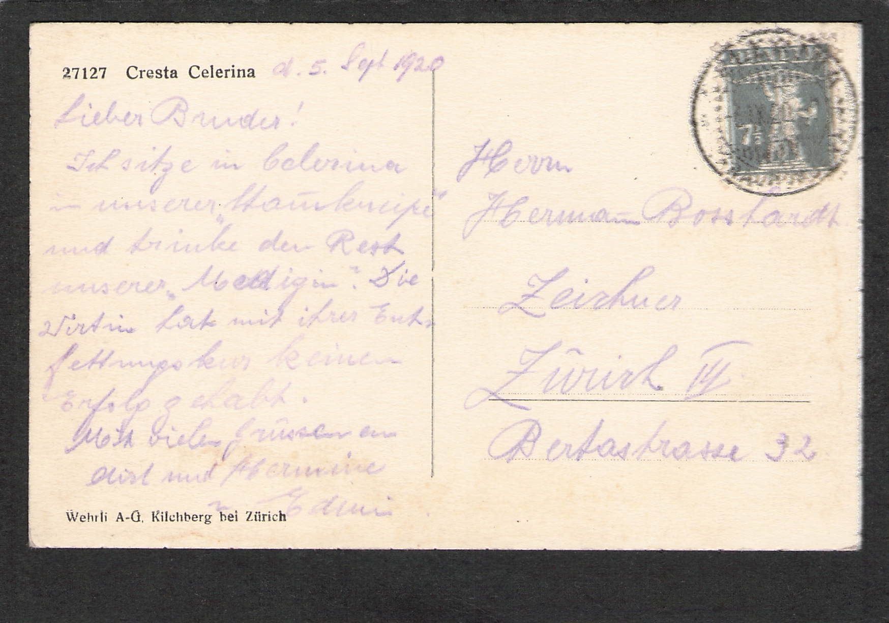 Cartoline postali: AK. GR , Cresta Celerina , 1920 – Usato da Reichenburg venduto da Pipo-67 1