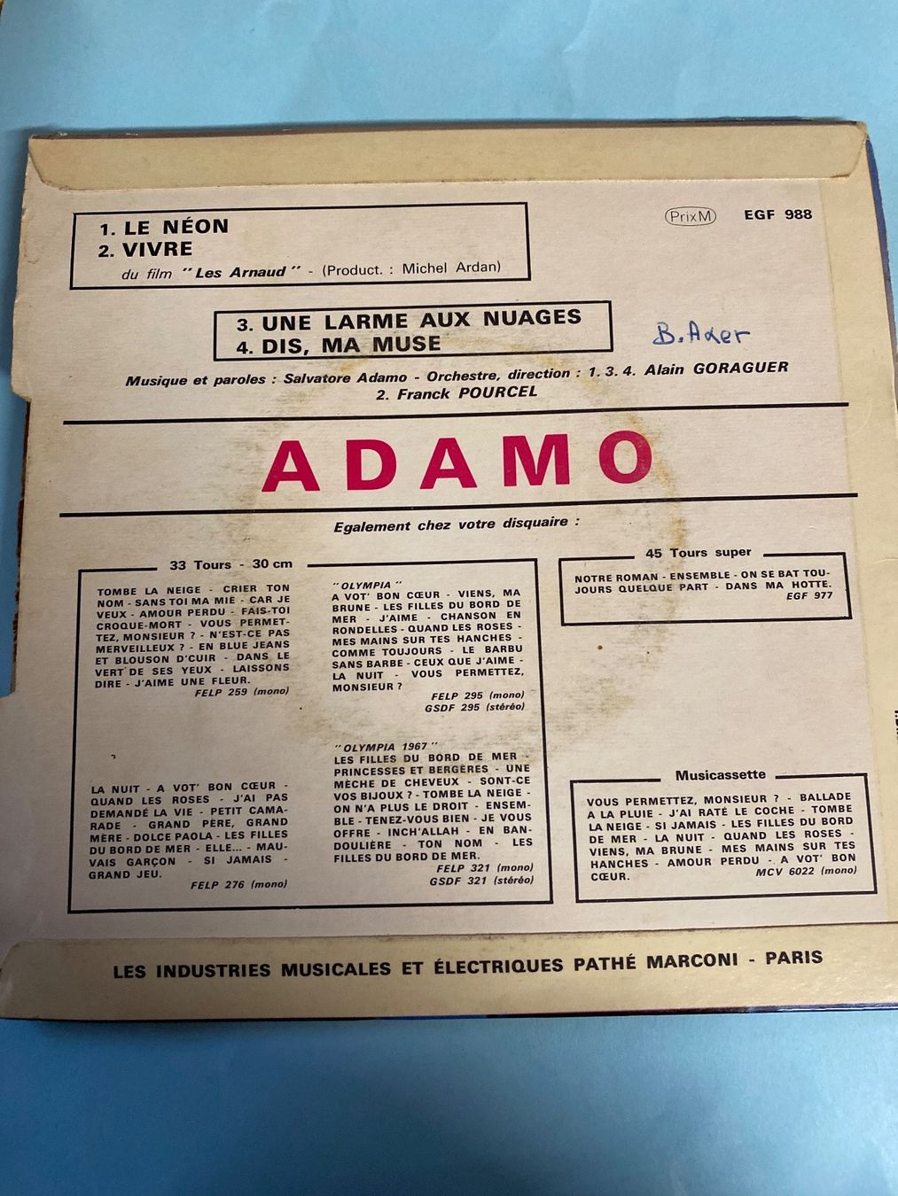 Dischi in vinile: ADAMO - LE NEON - 4 TITRES - 45 tours – Usato da Le Brassus venduto da cinema13 1