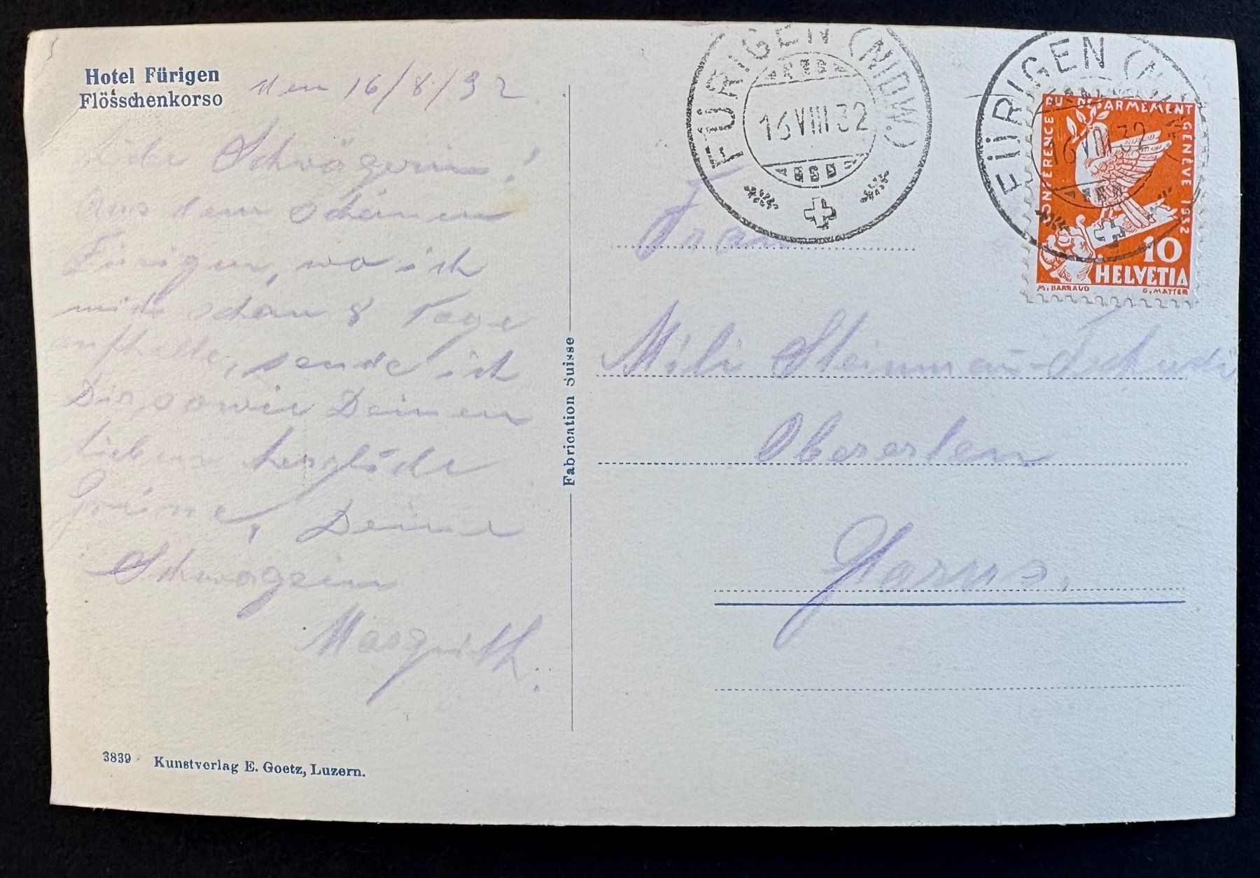 Cartoline postali: ANSICHTSKARTE FLÖSSCHENKORSO HOTEL FÜRIGEN – Usato da Ostermundigen venduto da Heavenmaus75 1