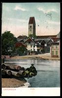 AK Unterseen, Flusspartie mit Kirche