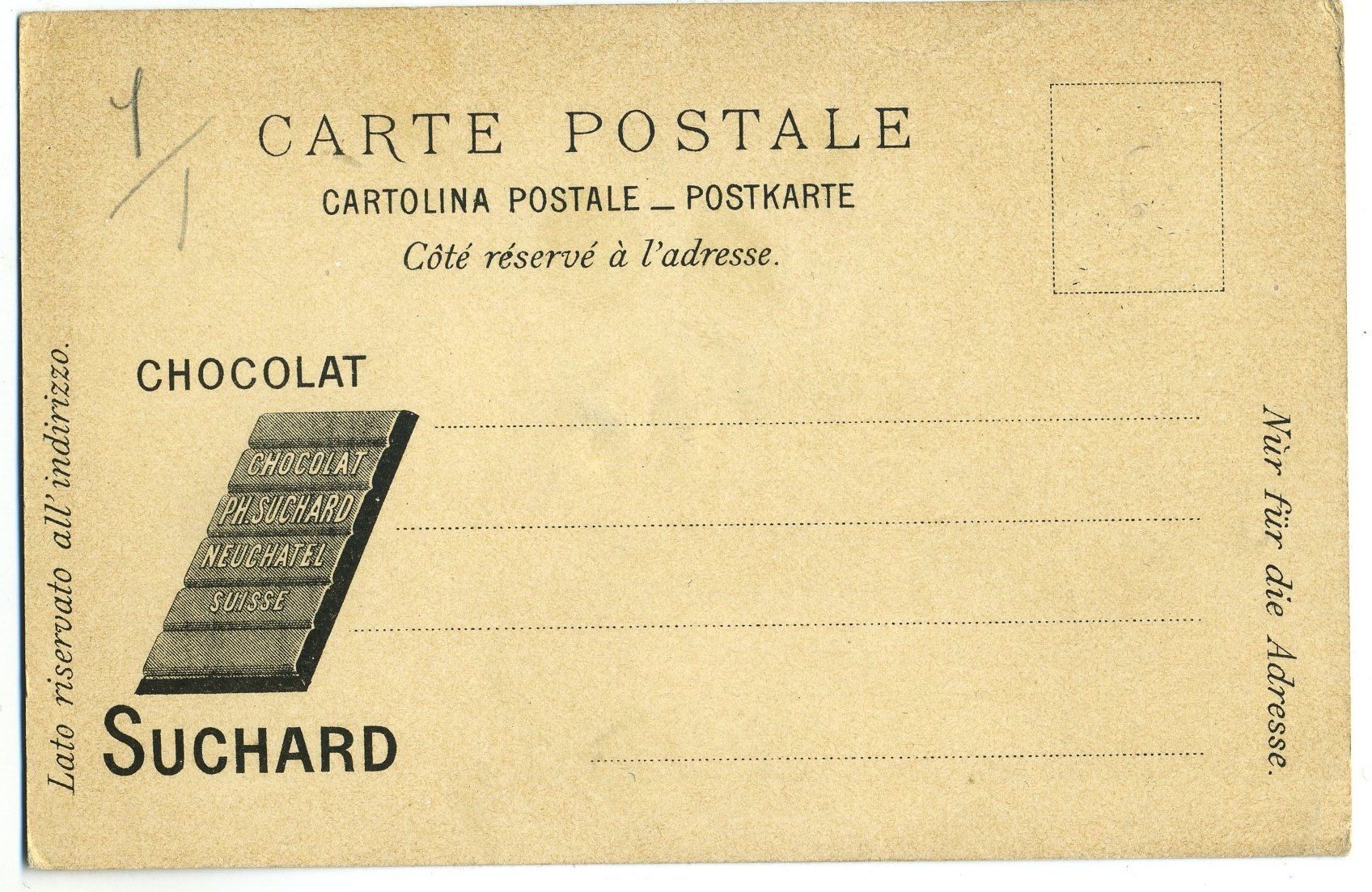 Ansichtskarten: Carte postale ancienne cacao Suchard. Vers 1900 – Gebraucht aus Versoix von HELVETICA_1 1