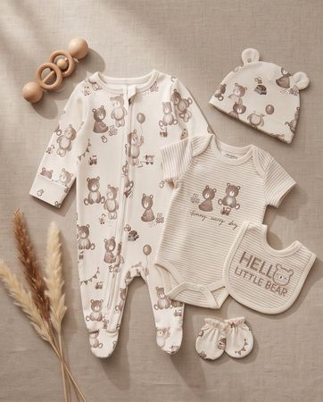 Teddybär Baby Erstausstattung 5-teilig 100% Baumwolle 0-3M