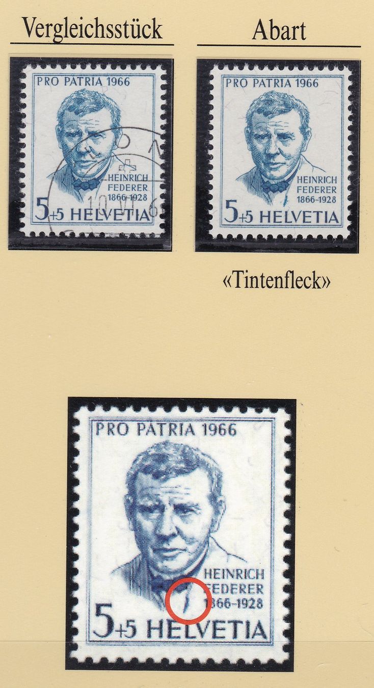 Alle Briefmarken: 1966, ABART, PP, HEINRICH FEDERER, PLATTENFEHLER TINTENFLECK – Gebraucht aus Oberrieden von Gebirgsstelze