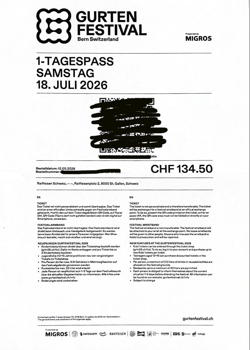 Biglietti: Gurtenfestival Samstag Ticket – Nuovo (secondo la descrizione) da Winterthur venduto da sab_9qhb