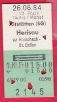 KARTON BILLETT, ALTSTÄTTEN(SG) - HERISAU, 1.KLASSE, RETOUR,