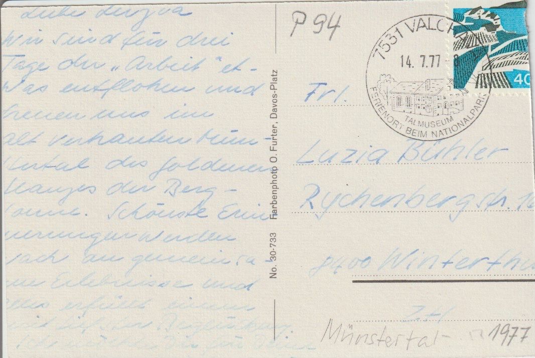 Ansichtskarten: P 94 Valchava, Münstertal, 1977 – Gebraucht aus Freienbach von Bhaltis 1