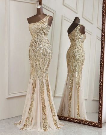Abendkleid Gold Pailletten ein Schulter asymmetrisch Grösse 