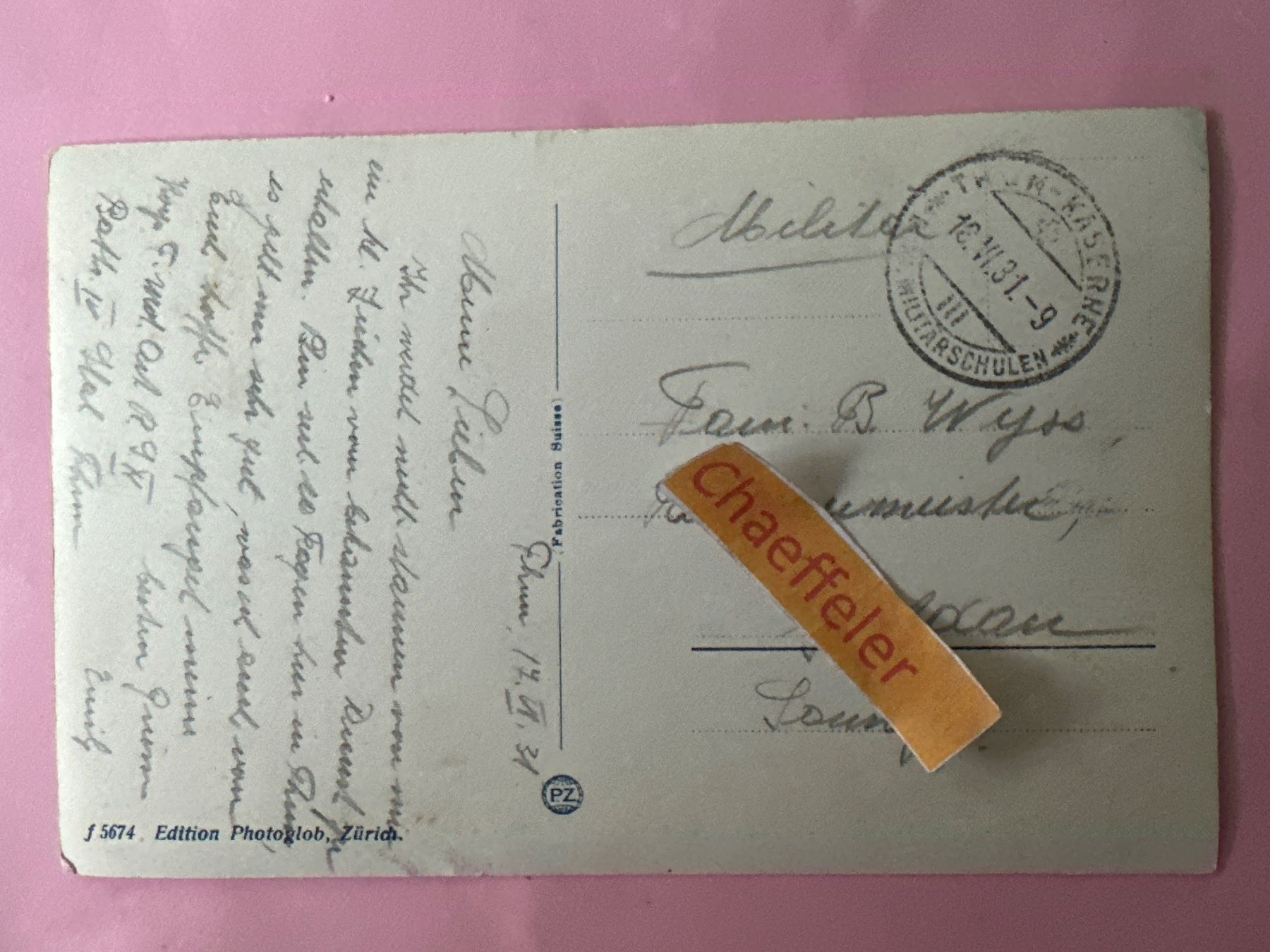 Ansichtskarten: Feldpost 1931 Thun, Die Kaserne – Gebraucht aus Zürich von Chaeffeler 1