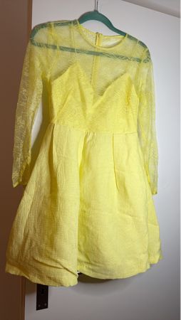 Lemon Yellow Summer Dress - Sheer Long Sleeves, Size S