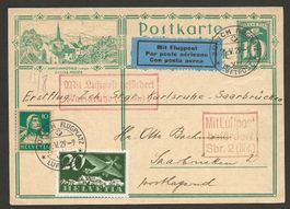 Flugpost  Schweiz 1929 Zürich Karlsruhe Saarbrücken Luftpost