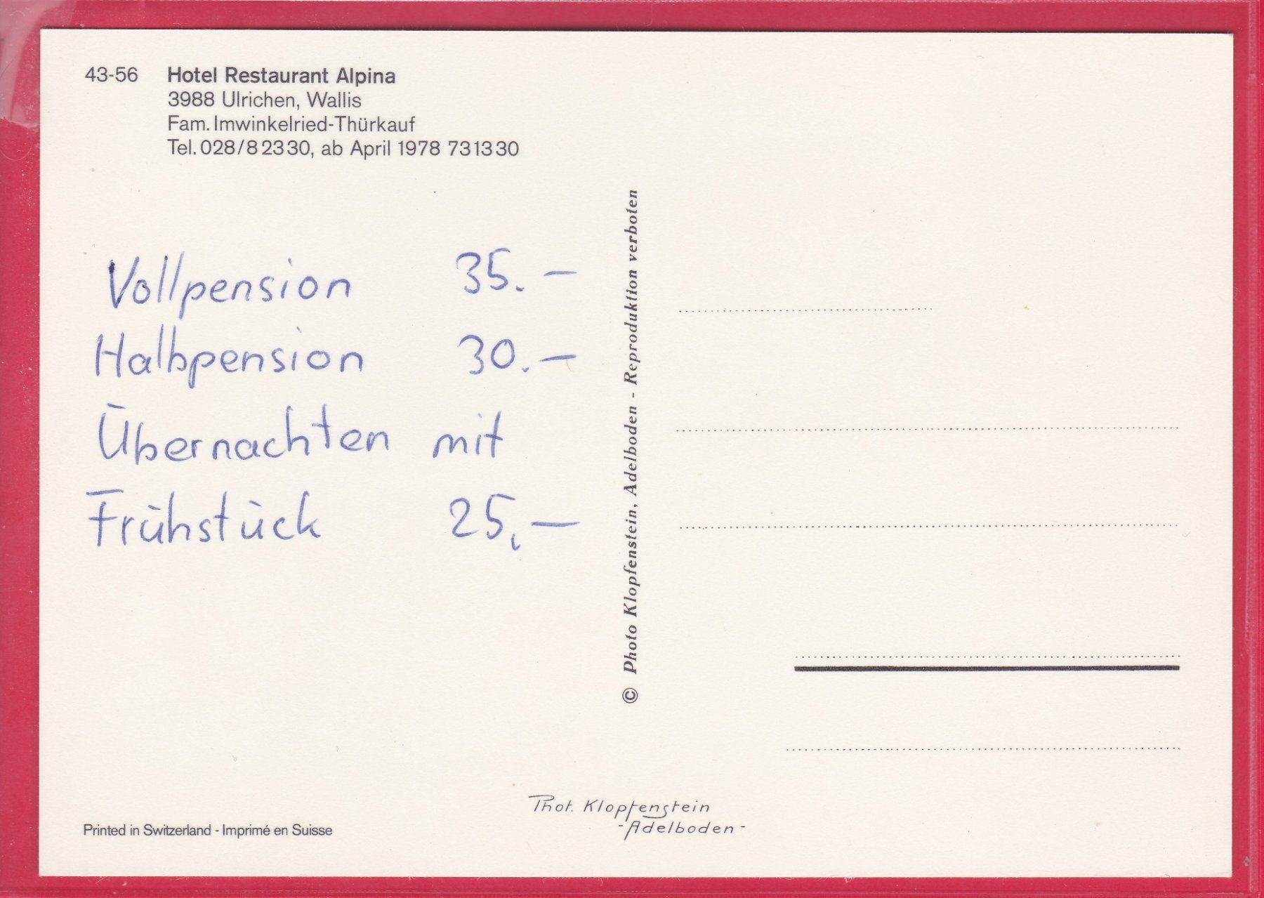 Cartoline postali: ULRICHEN, HOTEL RESTAURANT ALPINA – Usato da Oberrieden venduto da Gebirgsstelze 1