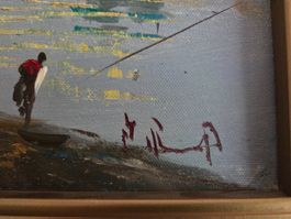 Mediterranes Ölgemälde – Küste mit Fischer (Signiert)