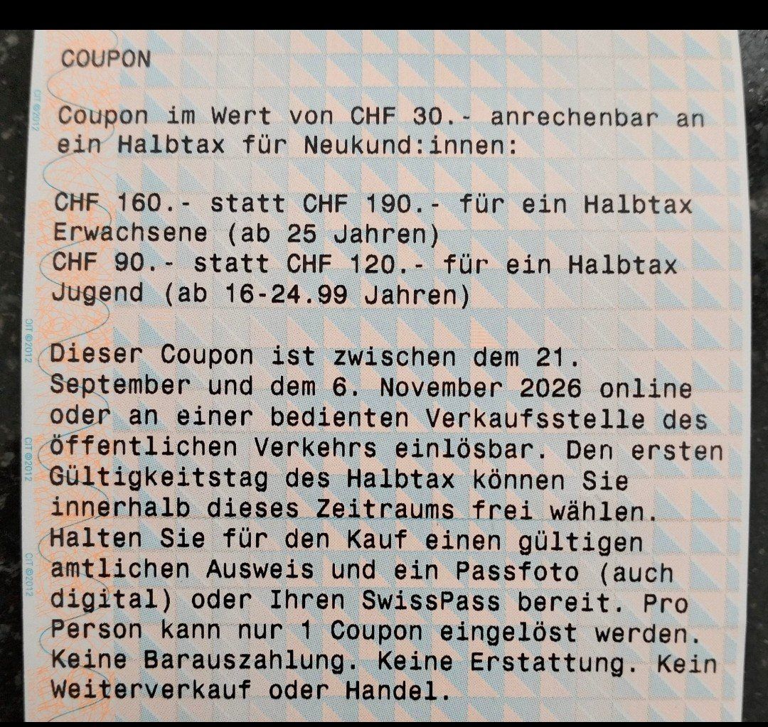 SBB/CFF/FFS Buoni: SBB Halbtax Coupon Gutschein 30.- – Nuovo (secondo la descrizione) da Uster venduto da KarlZH