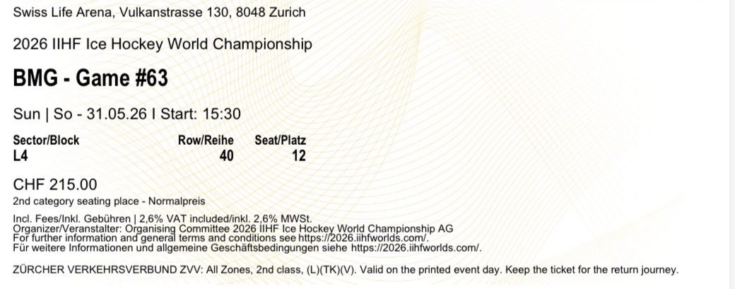 Biglietti: 2x IIHF Eishockey WM Bronzespiel – Nuovo e nell'imballaggio originale da Wettingen venduto da mxrc.mllr 1