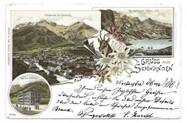 Gruss aus Schwanden (GL) Schulhaus - Oberblegisee Litho 1898