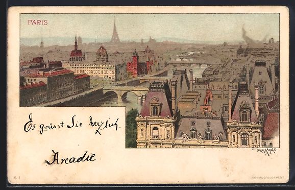 Cartoline postali: sign. Arpad Basch: Paris, Blick über di – Usato da Berlin venduto da bartko-reher