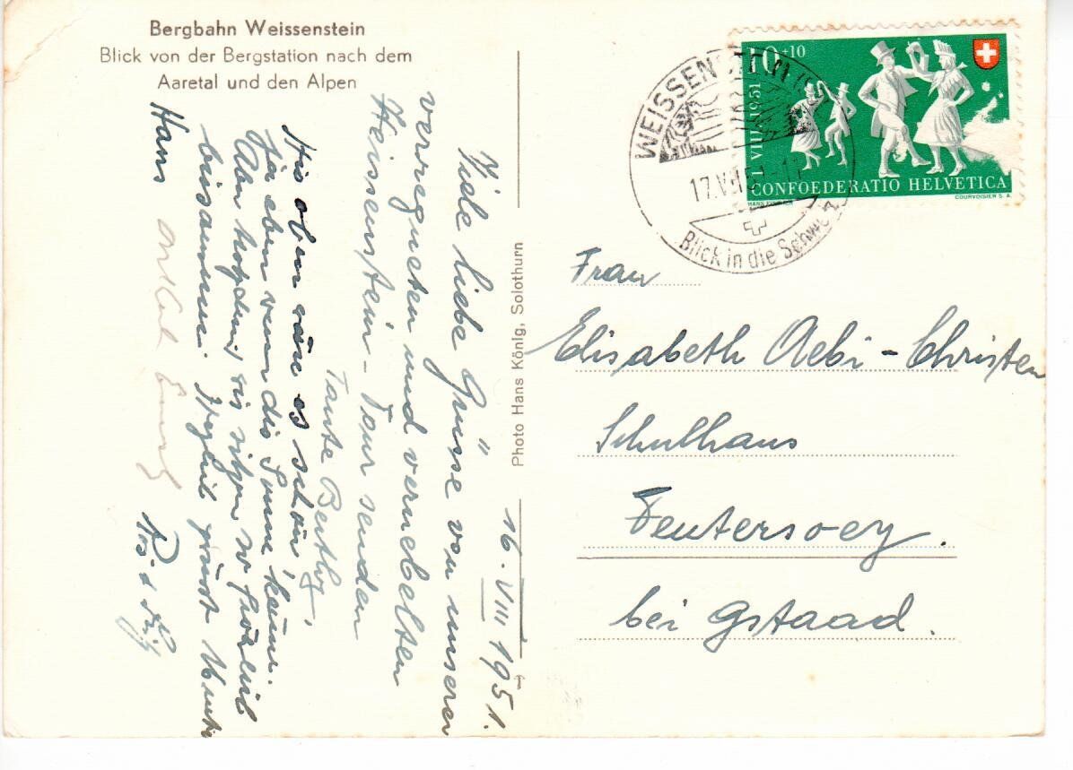 Cartoline postali: Bergbahn Weissenstein 1951 – Usato da Wolhusen venduto da Curver9 1