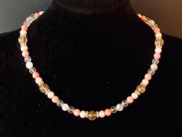 Citrine, Pink Coral & Pearl Necklace Gold Plated