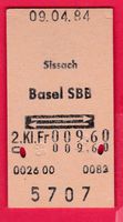 KARTON BILLETT, SISSACH - BASEL SBB, 2.KLASSE, RETOUR, 1984