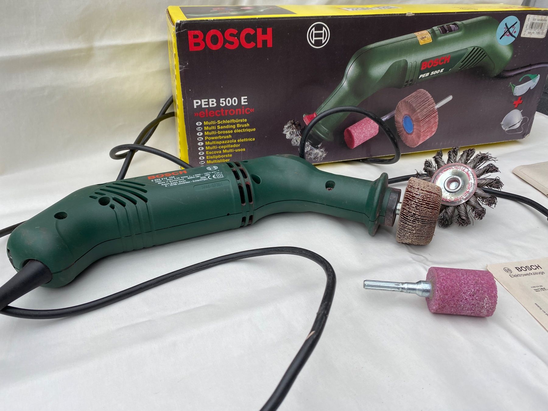 Bosch Smerigliatrici & Lucidatrici: Bosch PEB 500 E Schleifbürste, Radial- / Geradschleifer – Usato da Emmen venduto da Sutim2005