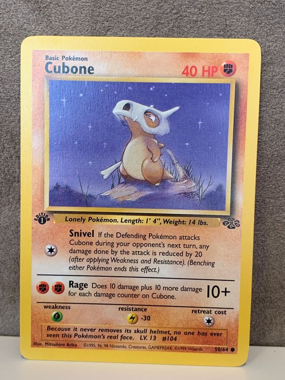 Jungle Pokemon Cubone Pokmon Card  Jungle Set #50/64, Common, Unlimited  Edition, Near Mint Condition PSA 10 1st