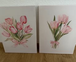 Zwei Gemälde auf Leinwand mit rosa Tulpen in top gutem Zusta