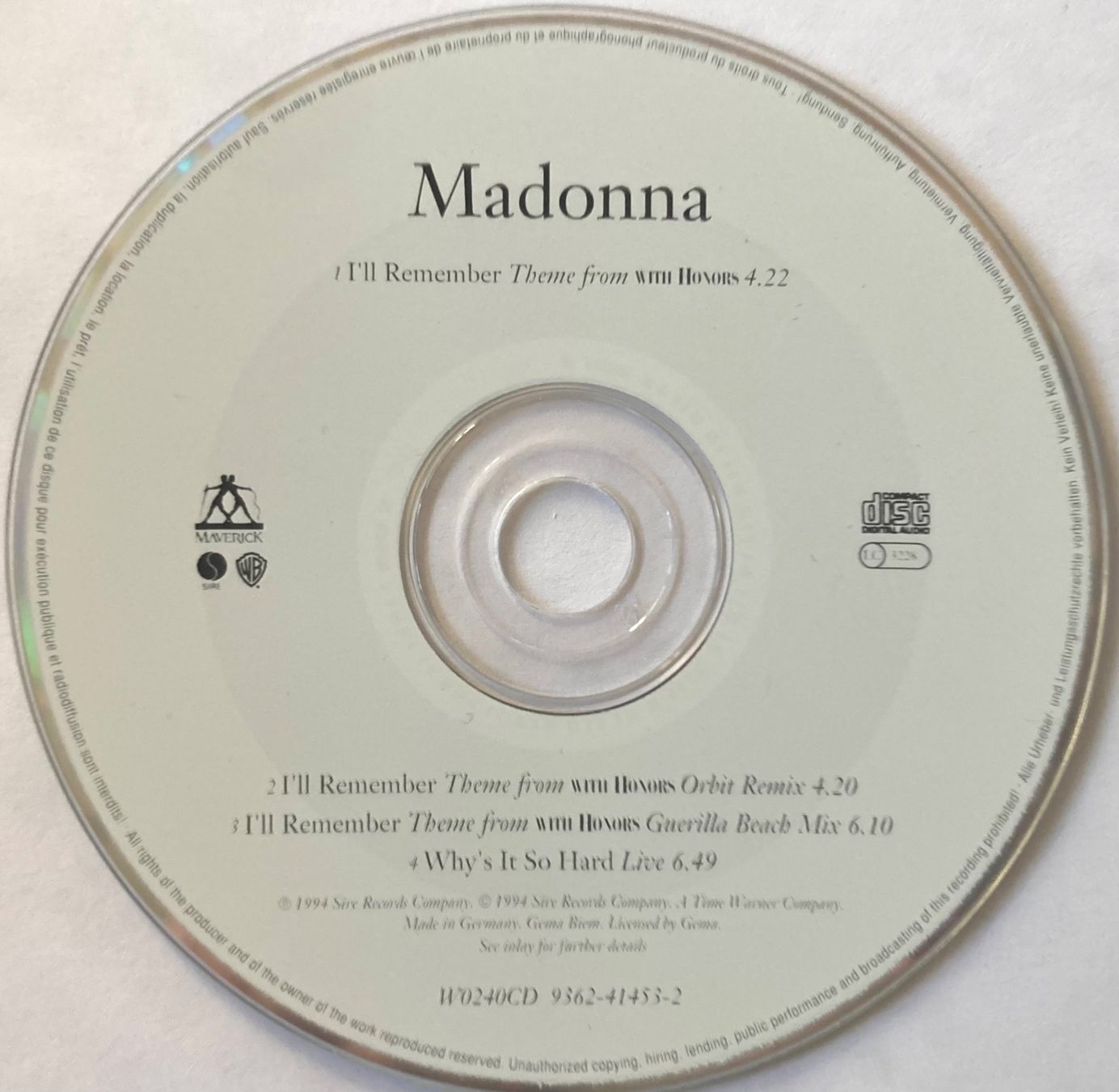 CDs: MADONNA - I'LL REMEMBER (THEME FROM WITH HONORS) – Gebraucht aus Poliez-Pittet von Newtown-Records 1