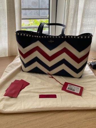 Valentino Rockstud Leather & Canvas Stitched Shoulder Tote