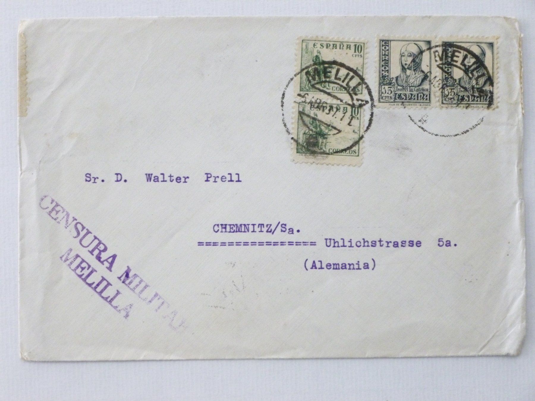 Tutti i francobolli: SPANIEN - MELILLA > DR, Brief 1937, span. ZENSUR / Devisenk. – Usato da Uster venduto da schepus23