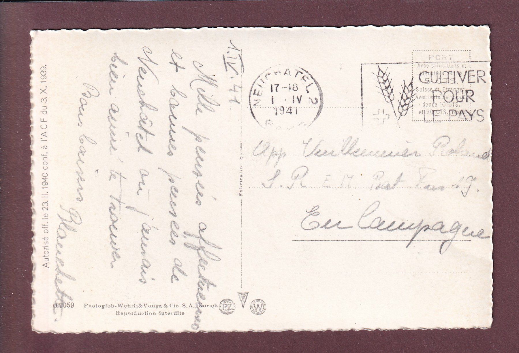 Cartoline postali: NEUCHÂTEL - Baie de l'Evole - 1941 – Usato da Pully venduto da nicecards 1