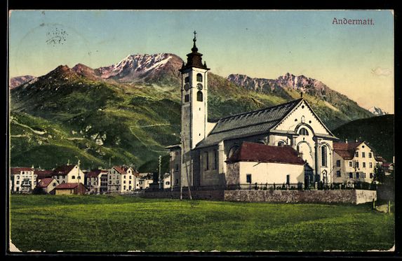 Cartes postales: AK Andermatt, Ortspartie mit Kirche – D'occasion à Berlin par bartko-reher