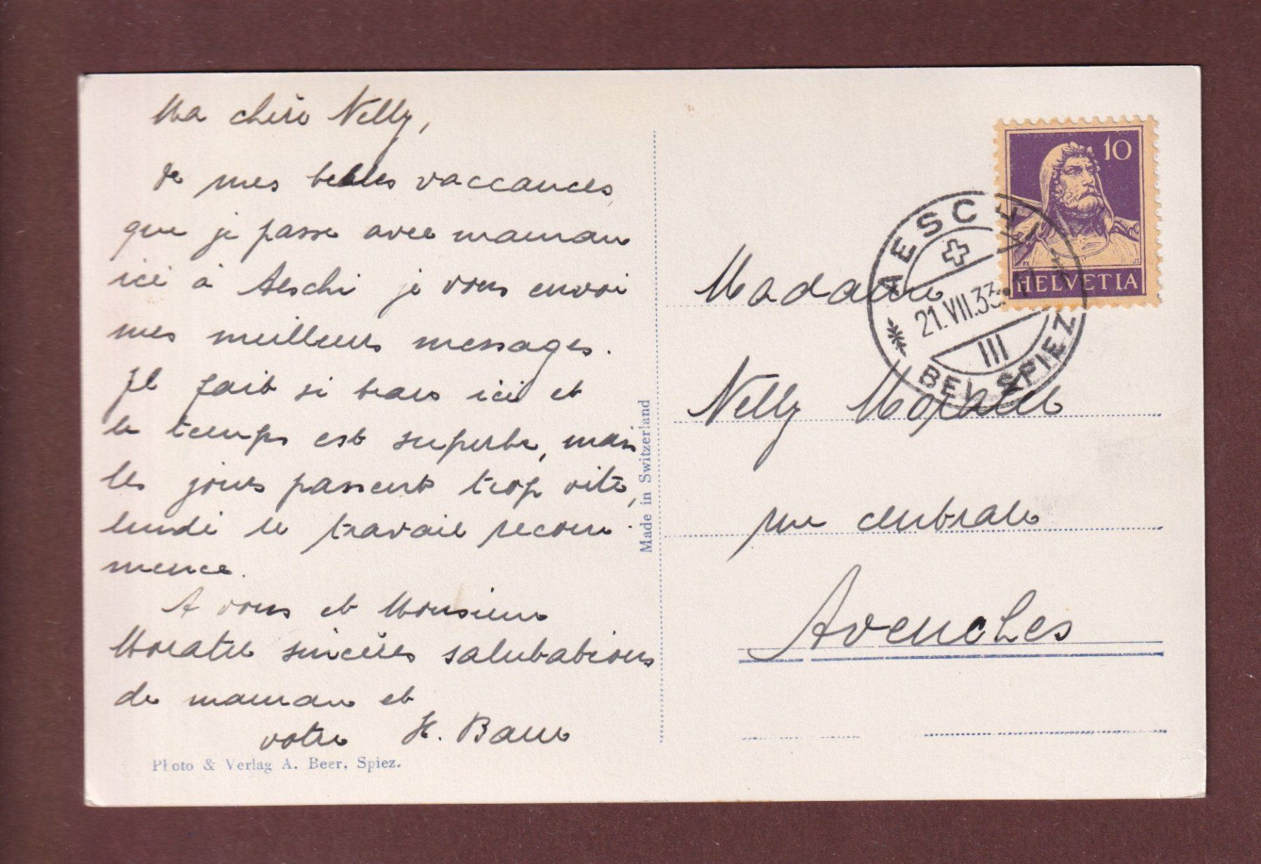 Ansichtskarten: AESCHI-ALLMEND - Thunersee - 1933 – Gebraucht aus Pully von nicecards-shop 1