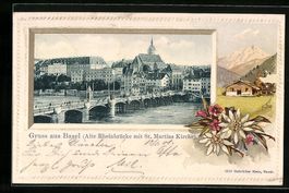 Passepartout-Lithographie Basel, alte Rh