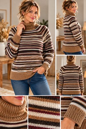 Stylischer Damen Rollkragenpullover Gr. M Streifen Braun 700
