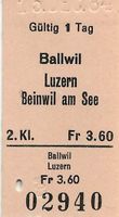 Bahn Billett Ballwil-Luzern- Beinwil am See einfach 1984