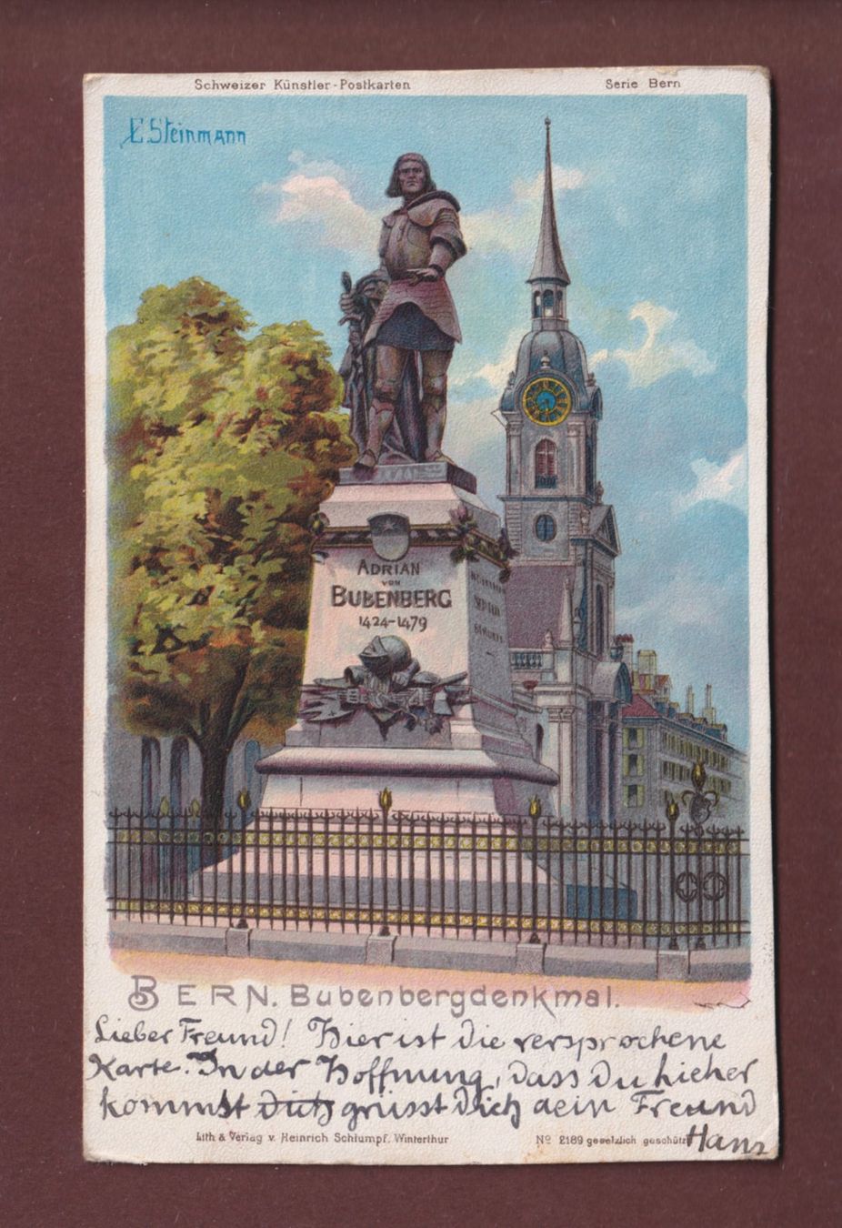 Cartoline postali: BERN - Bubenbergdenkmal - Litho Schlumpf – Usato da Pully venduto da nicecards