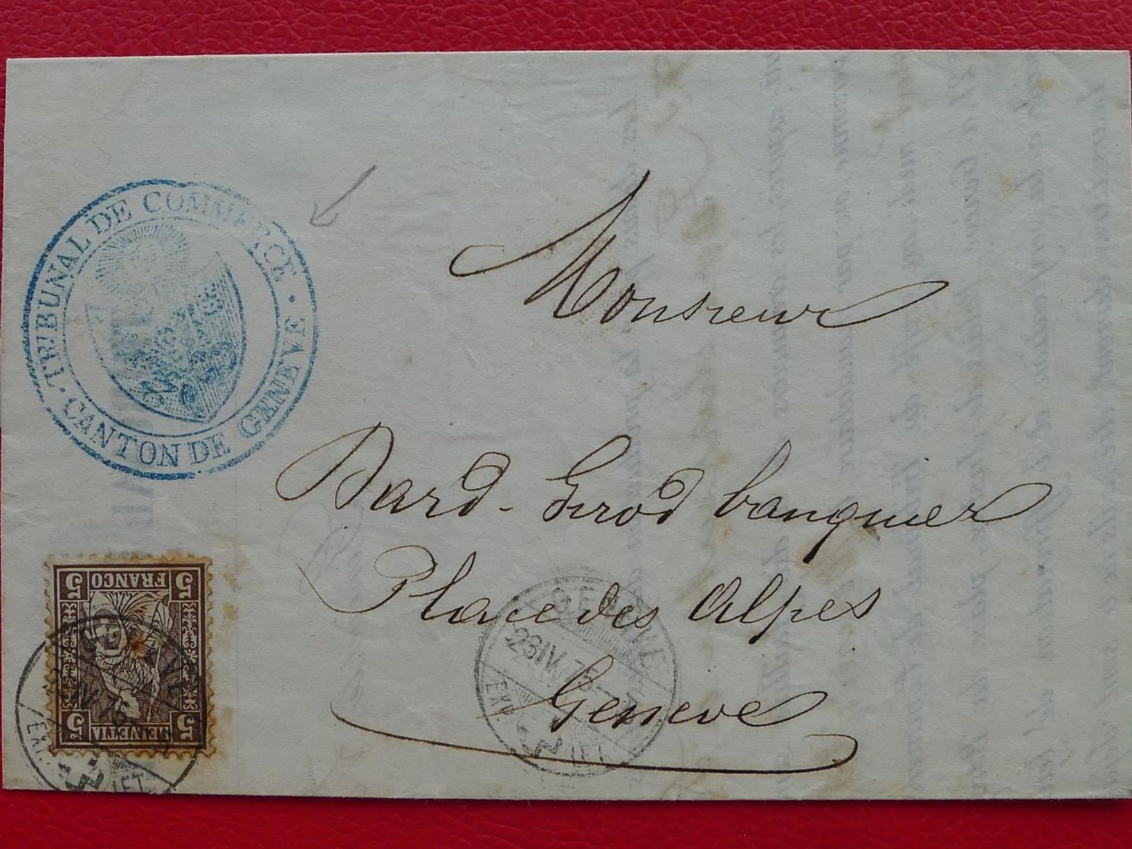 Tutti i francobolli: 1875, 30: blauer TRIBUNAL-Stempel, BRIEF: GENF +illustriert – Usato da Sursee venduto da Luzernerraute