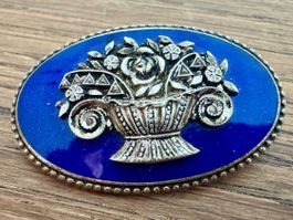 Brosche Korb mit Blumen blau emailliert oval alt