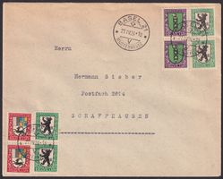 1925, Vignetten-Brief mit 8 PJ-MARKEN von BASEL Mustermesse.