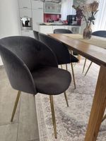 8 elegante Samt-Esszimmerstühle in Anthrazit mit goldenen Me