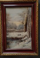 Gemälde Winterlandschaft mit Vögeln gerahmt