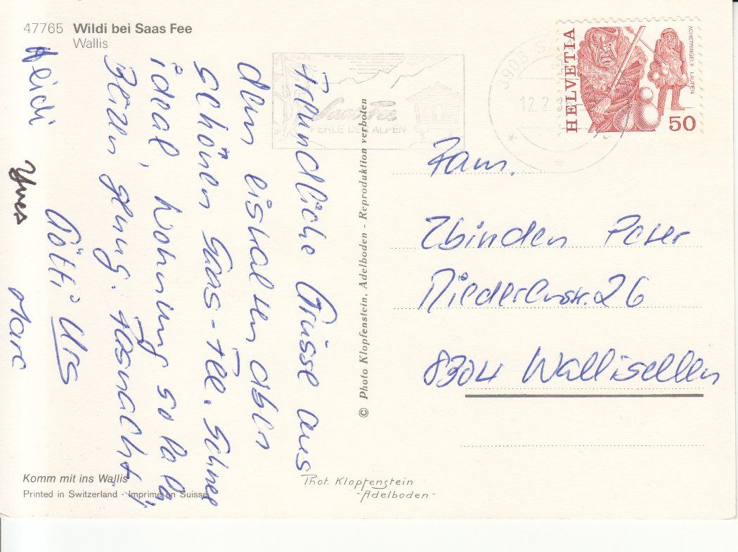 Cartoline postali: Saas Fee Wildi 1986 – Usato da Bürglen TG venduto da StampGraf 1