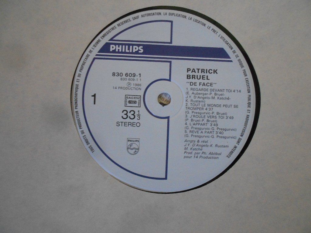 Dischi in vinile: PATRICK BRUEL  -  DE FACE – Usato da Bex venduto da Giorgiob 4